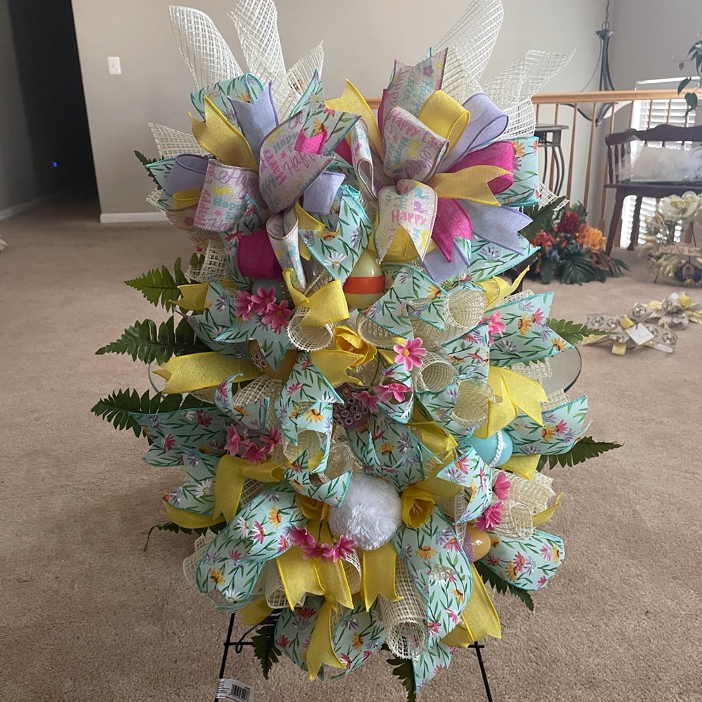 Bunny Deco Mesh Floral Wreath with Bows